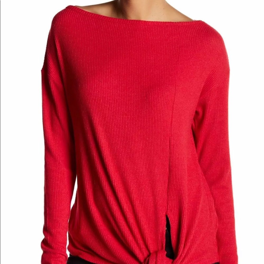 Harlowe & Graham Red Ribbed Fleece knot shirt top